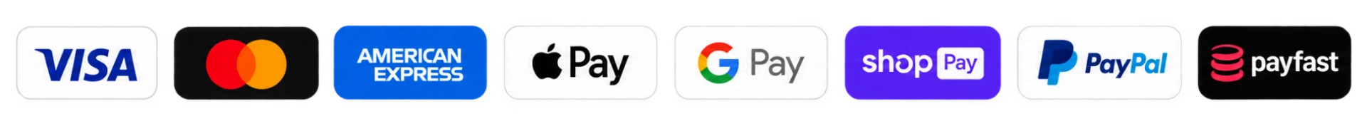 Accepted payment methods: Visa, Mastercard, American Express, Apple Pay, Google Pay, Shop Pay, PayPal and Payfast