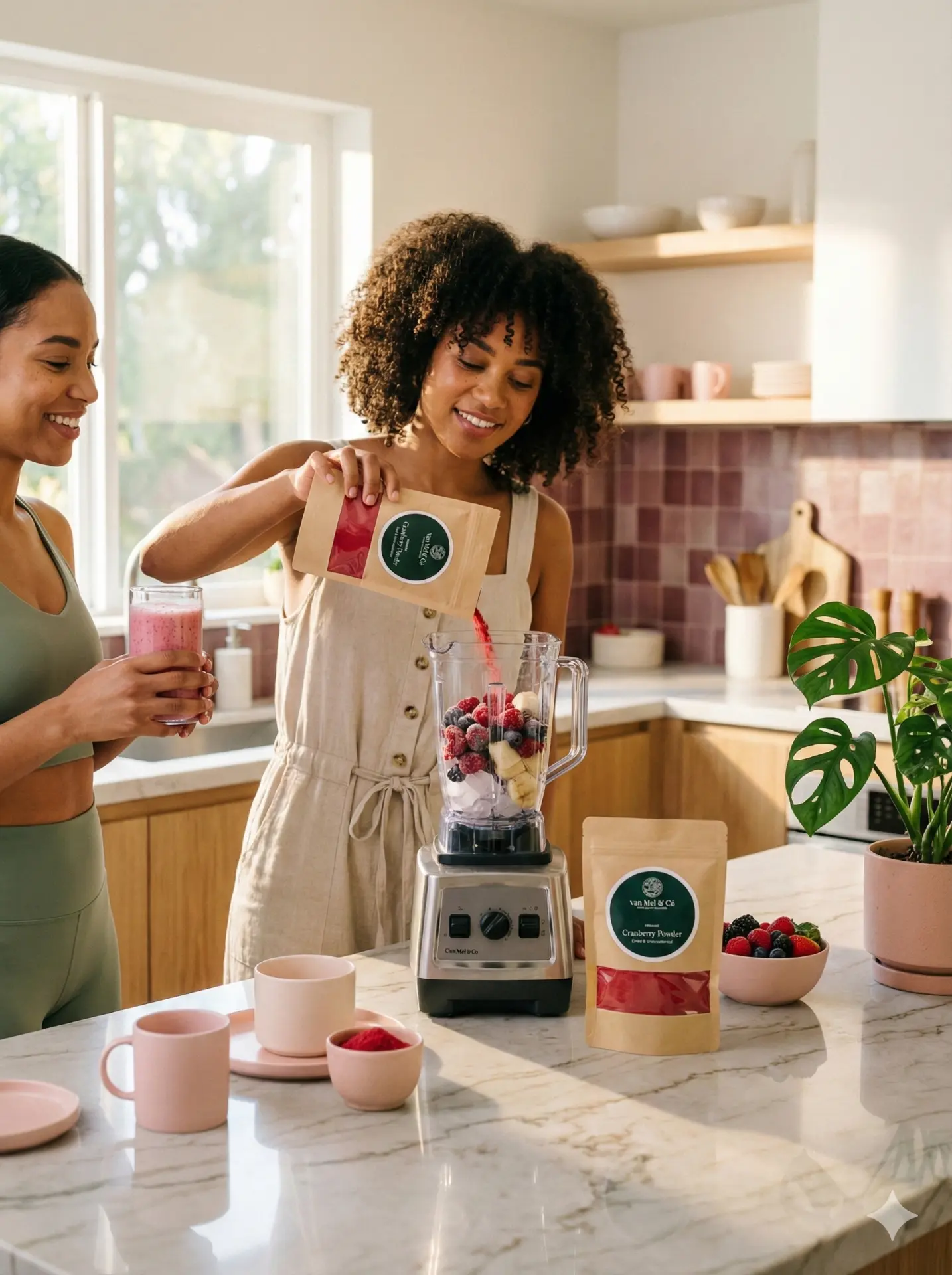 Two friends making a berry smoothie in a bright kitchen with van Mel & Co. Organic Cranberry Powder
