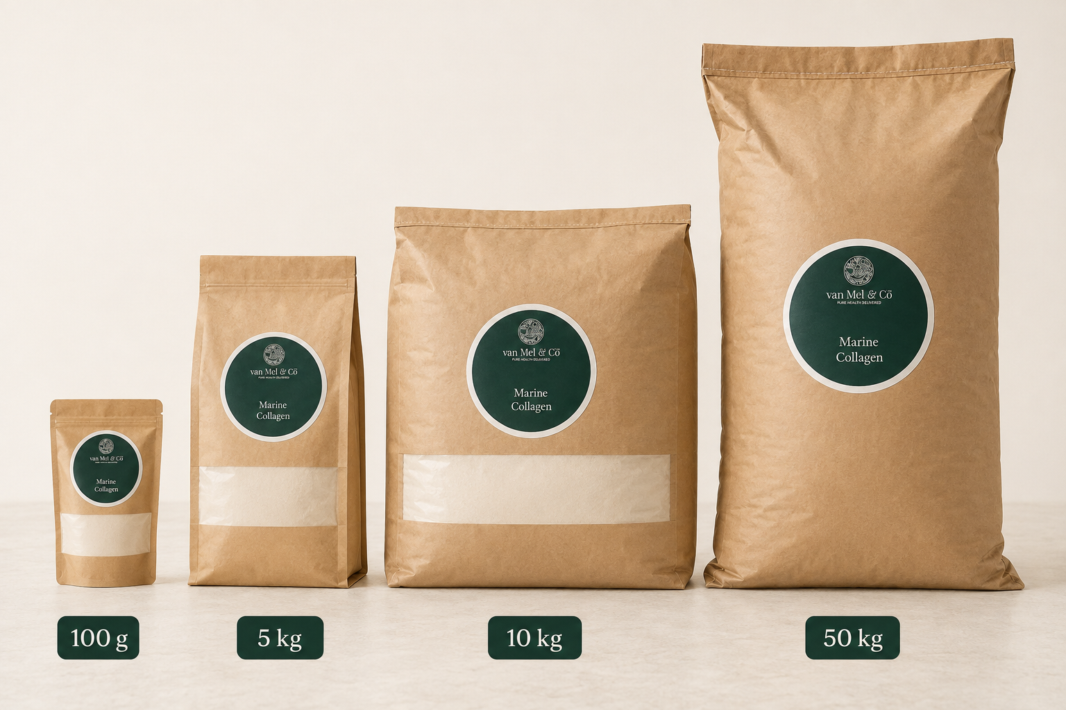 van Mel & Co. Marine Collagen packaging shown in four sizes: 100 g, 1 kg, 5 kg and 10 kg